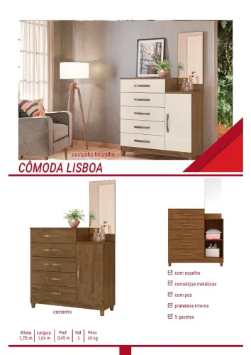 Cômoda Lisboa com Espelho e Gavetas