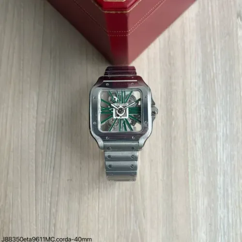 Relógio Cartier Santos Esqueleto - ETA S/c- Pulseira Prateada / Fundo Verde