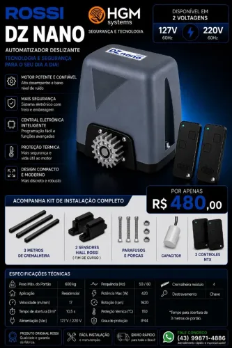 Kit Motor Portão Eletrônico DZ Nano Turbo Rossi Automatizador Deslizante 600kg