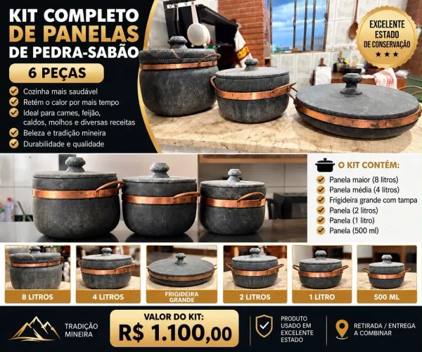 Kit completo Panelas Pedra Sabão 6 Peças