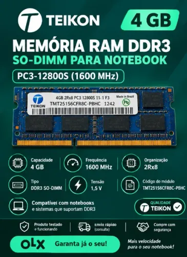 Memória RAM Teikon 4GB DDR3 1600MHz Notebook