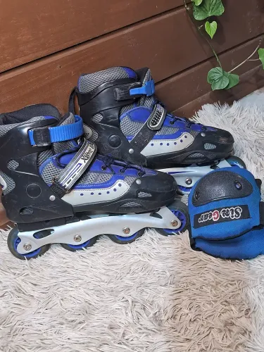 Patins Inline Ajustável 34 Ao 38 + Kit Proteção (Muito Conservado)