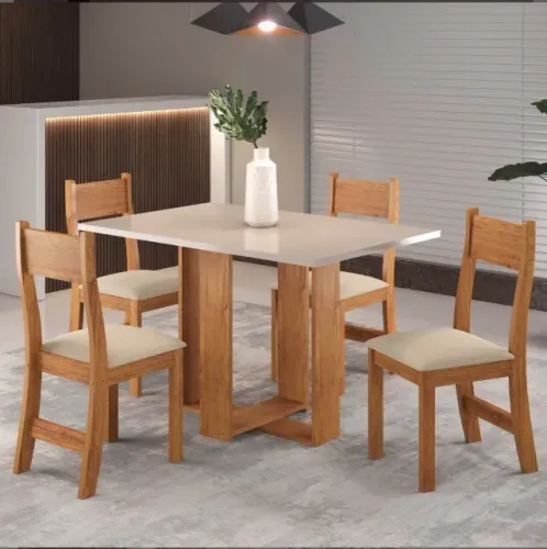 Conjunto Mesa de Jantar Aurora 120 com 4 Cadeiras Veludo Marfim