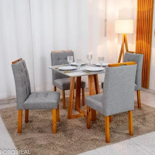 Mesa de Jantar Carina 90x90 C/4 Cadeiras em Linho MDF rf33 S
