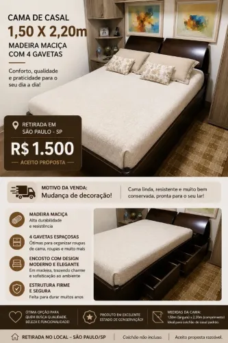 Cama de Casal em Madeira Maciça com Cabeceira e 4 Gavetas - 1,50 x 2,20m