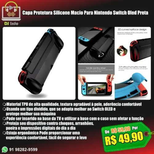 Capa Protetora Silicone Macio Para Nintendo Switch Oled Preta