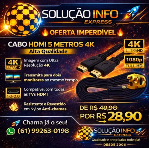 Cabo Hdmi 5 Metros 4k Ultra Hd 3D Blindado Com Revestimento Interno E Nylon Externo 