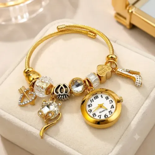 Pulseira Feminina Com Relógio Aço Inox Pingentes Tendência Luxo Edição Especial Exclusivo