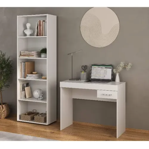 Conjunto Estante Livros + Escrivaninha Mesa Escritório Com Gaveta Branca 91cm