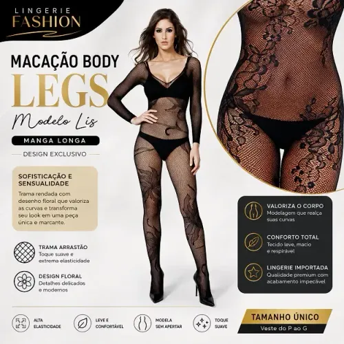 Macacão Body Feminino Legs Modelo Lis Manga Longa Tamanho Único Lingerie Fashion
