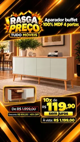 Aparador Buffet 100% MDF 4 Portas