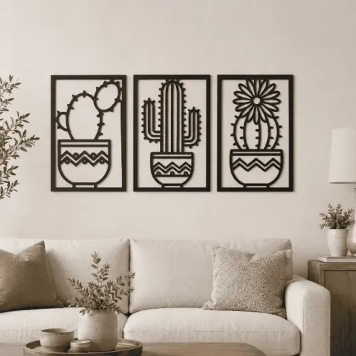 Kit 3 Quadros Mdf Cactos Vazados Para Parede 18x28cm
