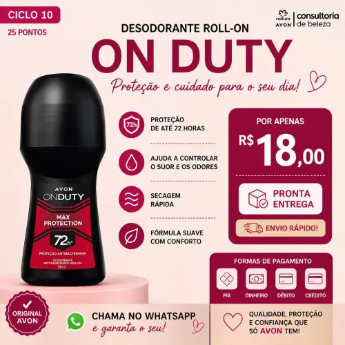 Desodorante Roll-On On Duty 72h Avon Original | Pronta Entrega