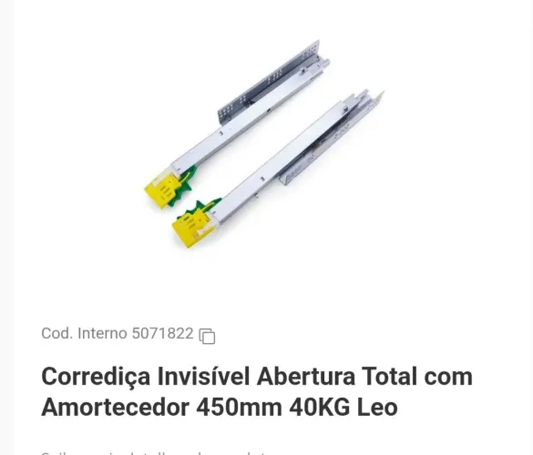 3 pares Corrediça invisivel c/ amort abert total 450mm