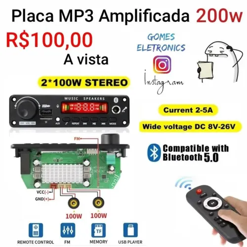 Placa MP3 Amplificada (2x 100w)  com  p10, p2, USB, Radio e Bluetooth (Loja fisica)