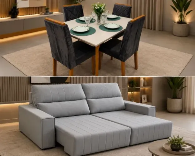 MESA COM 4 CADEIRAS + SOFÁ RETRÁTIL (OPORTUNIDADE)
