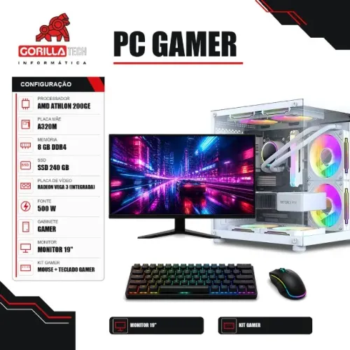PC Gamer Completo Athlon 200GE Vega 3 8GB SSD + Monitor - Gorilla Tech