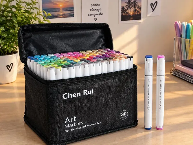 Kit 80 Marcadores Chen Rui - Pouco Uso + Estojo + Organizador