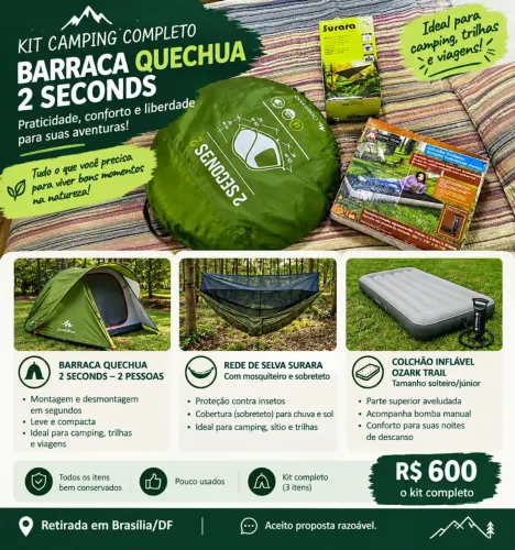 ? Kit camping completo - Barraca Quechua 2 seconds + rede + colchão