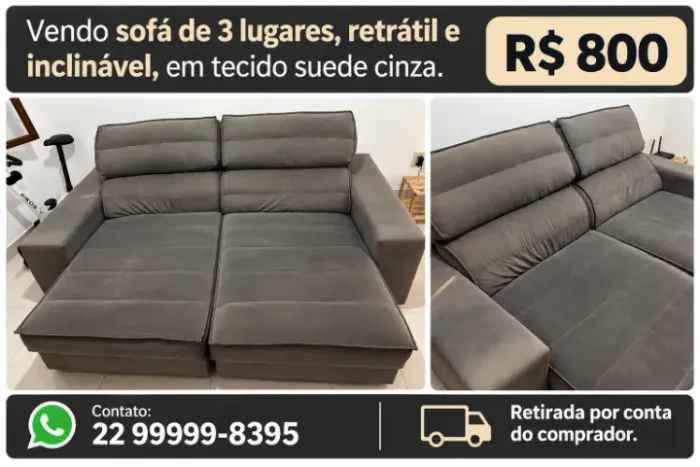Sofá 3 lugares retrátil e inclinável em suede cinza