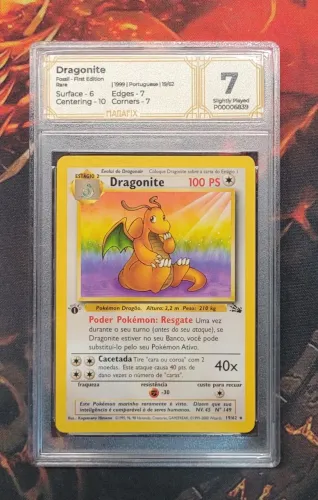 Card Pokémon Dragonite Grade 7 First Edition PT-BR