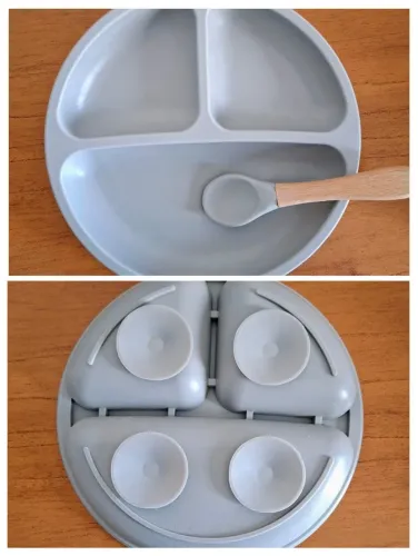 Pratinho em silicone com ventosa + Colherzinha em silicone e bambu 