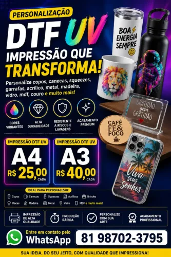 DTF UV A4 e A3 | Impressão para Personalização