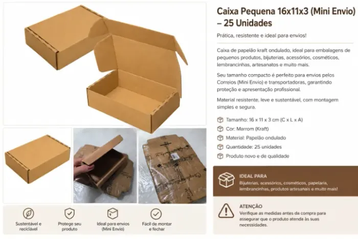 CAIXA DE PAPELÃO KRAFT 16 x 11 x 3 CM - MINI ENVIO | 25 UNIDADES