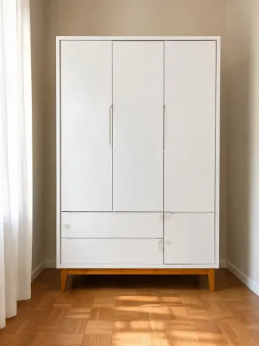 Guarda-Roupa Infantil Branco 3 Portas, 2 gavetas com Pés de Madeira