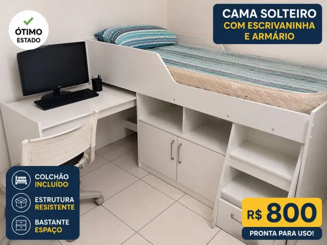 CAMA SOLTEIRO COM ESCRIVANINHA E ARMÁRIO