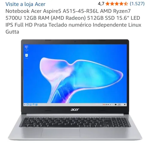 Notebook Acer Aspire 5 Ryzen 7 12gb RAM 512gb SSD