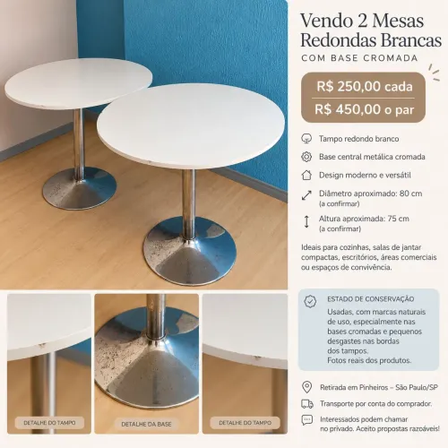 2 Mesas Redondas Brancas com Base Cromada