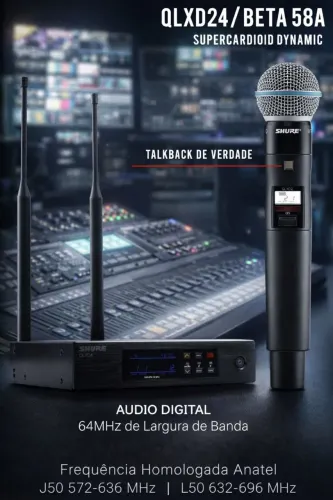 Microfone Profissional QLXD24 BETA 58A com TalkBack - SHURE Sem Fio Áudio Digital 