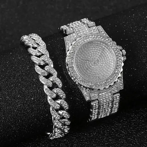 Kit Iced Cravejado Relógio e Pulseira Prata