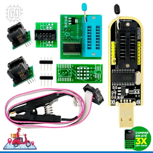 Gravadora CH341A + Adaptador 1.8V + Pinça Garra Clip Jacará + Soic8 150MIL + 200-2009MIL