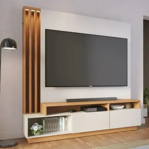 Estante Home Theater com Led Para TV até 75 Polegadas 2 Portas Humaitá Off White Matte/Fre