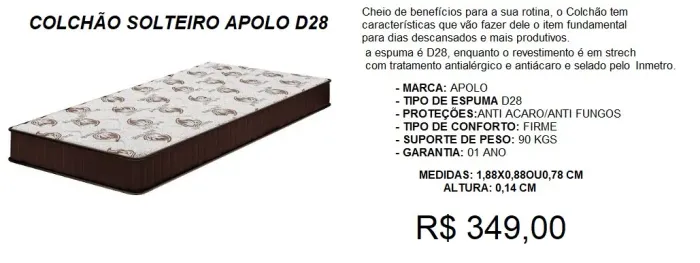 Colchão Solteiro Apolo D28 - Novo