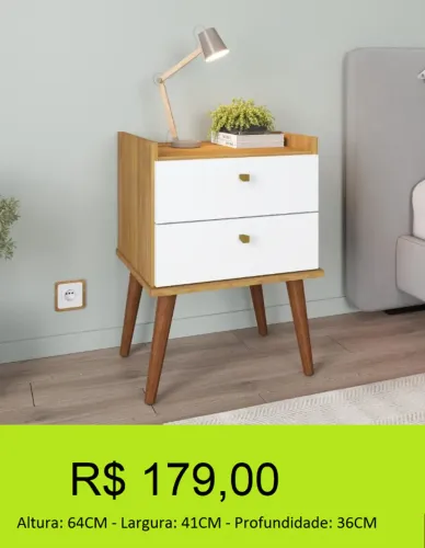 Mesa de cabeceira duas gavetas com pés palito a pronta entrega