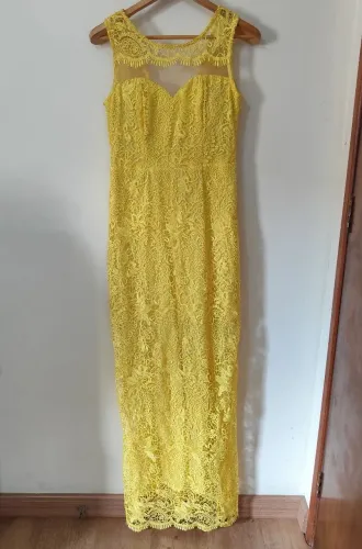 Vestido Longo Festa Amarelo Renda Guipir Tule Tam G Bela Noite