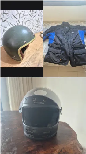 Venda! 2 capacetes lucca custom, com marcas de uso e 1 jaqueta de poliéster