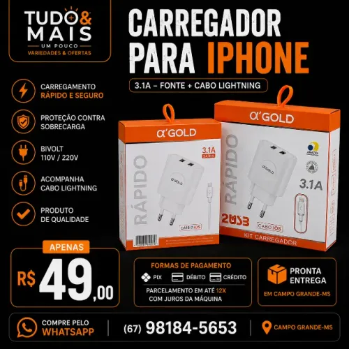 Carregador para iPhone - Fonte + Cabo Lightning