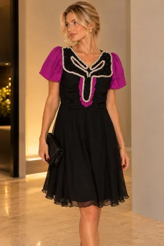 vestido de seda preto e roxo/ fúcsia p