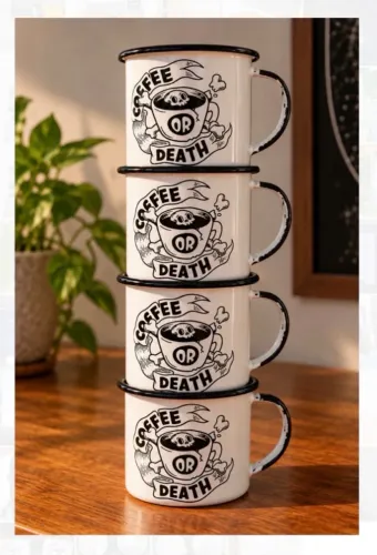 kit 4 canecas esmaltadas ewel coffee or death 375ml