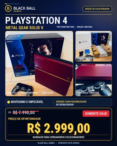 PS4 Edição Limitada Metal Gear Solid V Phantom Pain Vermelho Completo