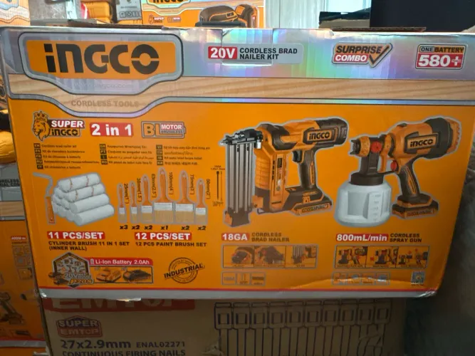 Pinador de concreto e madeira INGCO a bateria 18Ga com pistola de pintura e acessórios 