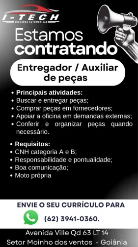 ? VAGA DE EMPREGO - ENTREGADOR DE PEÇAS (COM MOTO PRÓPRIA) ?