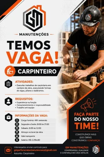 Vaga para carpinteiro com experiência