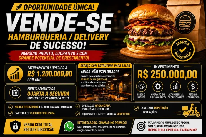 OPORTUNIDADE ÚNICA - VENDE-SE HAMBURGUERIA / DELIVERY DE SUCESSO