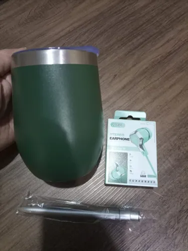 kit COPO TERMICO COM TAMPA + CANETA SOCIAL + fone de ouvido com fio