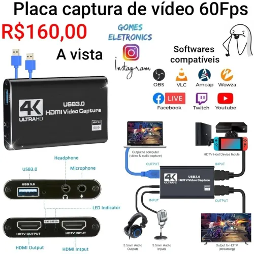 Placa de Captura de vídeo USB 3.0 HDMI 4K 60 FPS para video game - PC e outros